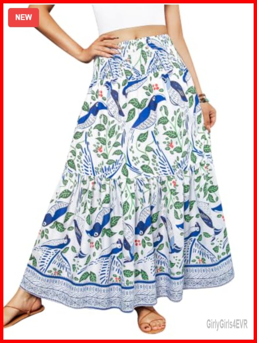 Boho Floral Maxi Skirt High Waist Elastic A-Line Flowy Long Skirt